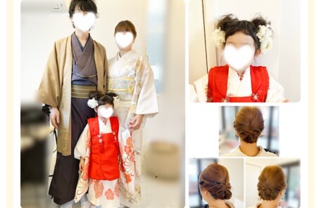 東京都江東区のお客様、３歳七五三参りで３人家族の着付けとヘアセットを担当。富岡八幡宮へ。