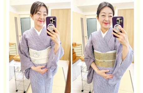 正絹絽小紋（藤色露芝文）に名古屋帯（絽綴れや羅）を合わせた着物コーディネート。