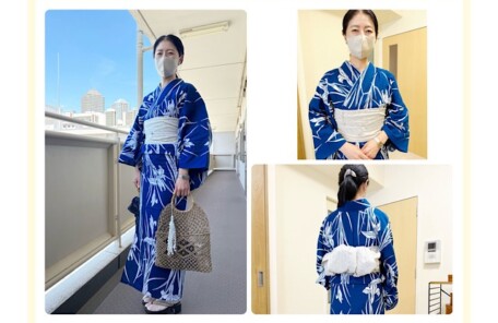竺仙のコーマ地の浴衣が美しい。兵児帯と合わせておしゃれにコーデ。