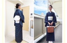 母の想いを纏って。紺地の小千谷縮に夏の博多帯を銀座結びで。涼やかな着物コーディネート。
