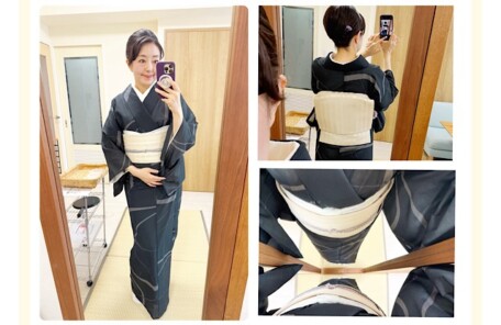 黒地にグレーの線模様の紗小紋に、白地の博多紗帯を合わせている。