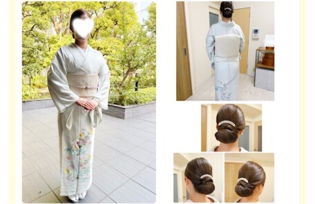 アンダーズ東京の結婚式参列用コーデ｜ミントグリーンの絽訪問着・白地袋帯・下目のシニヨン結婚式向けヘアセット