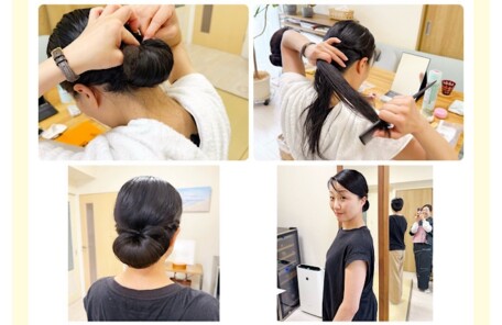 ギブソンタックの和装ヘアを練習する生徒様のレッスン風景