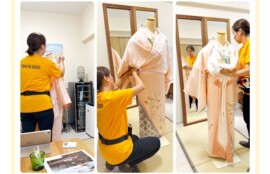 生徒様が振袖をトルソーに着付けしている様子 熱心に衿合わせを整える生徒様 完成したピンクの着物姿のトルソー