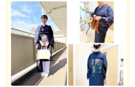 紺色の小紋に名古屋帯でお出かけスタイルの生徒様、名古屋帯を結ぶ途中の手元の様子、 背中に整った名古屋帯のお太鼓姿