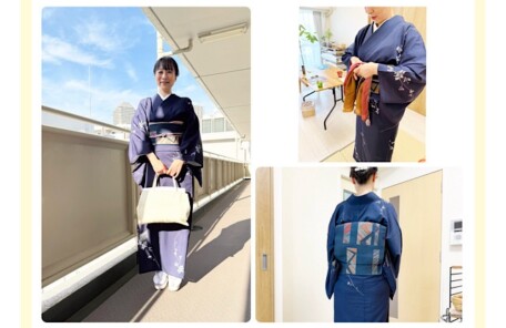 紺色の小紋に名古屋帯でお出かけスタイルの生徒様、名古屋帯を結ぶ途中の手元の様子、 背中に整った名古屋帯のお太鼓姿