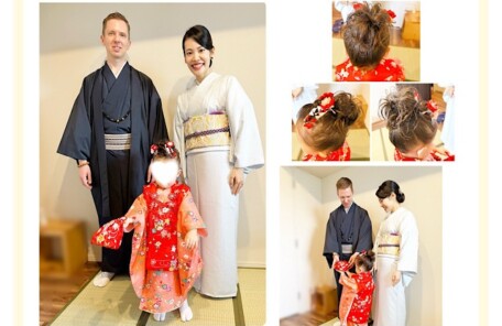 七五三3歳お祝い｜家族3人の着物姿（訪問着・男性着物・被布）とヘアセット」 個別： 　1) 「お母様 訪問着とタイトシニヨンヘア」 　2) 「お子様 被布姿とポンパドールヘア」 　3) 「お父様 男性着物姿」 　4) 「家族3人の笑顔 七五三記念撮影」