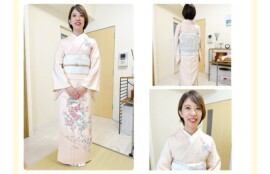 淡いピンクの加賀友禅訪問着で七五三に向けた最終レッスンを行う生徒様