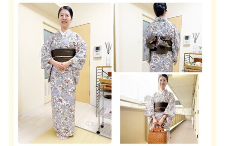 花柄の浴衣に長襦袢を合わせ、ブラウンの半幅帯で秋らしくまとめた生徒様