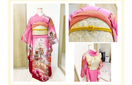 振袖に総絞りの帯揚げで「入りく」結びを。美しい形。