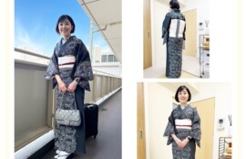 墨色の単衣紬に白帯を合わせた粋な秋コーデの生徒さん