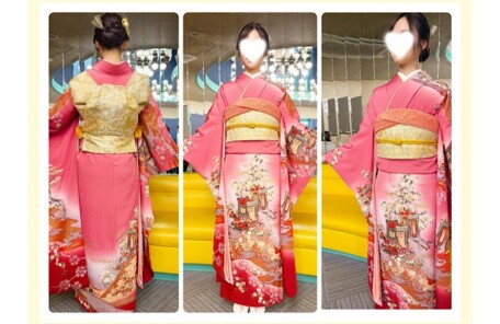 和装モデルに着付けたピンクの振袖姿