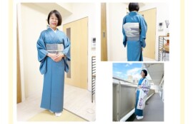 一つ紋付きの青い色無地に綴れ帯を合わせた生徒様の着姿、綴れ帯の柄が美しい後ろ姿のコーディネート