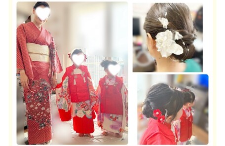七五三で訪問着のお母様と3歳・5歳姉妹のお支度風景